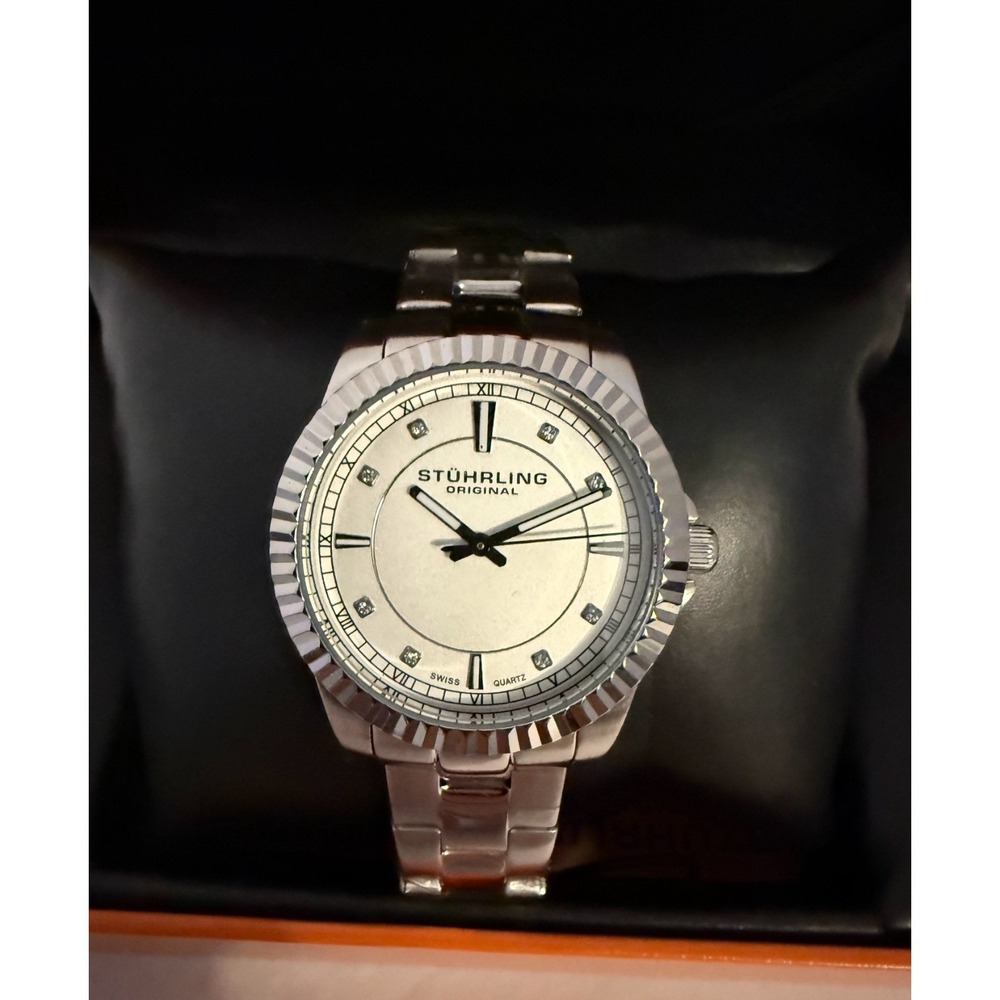Stuhrling Original Quartz Watch Mens OS Silver Fluted Bezel Dress